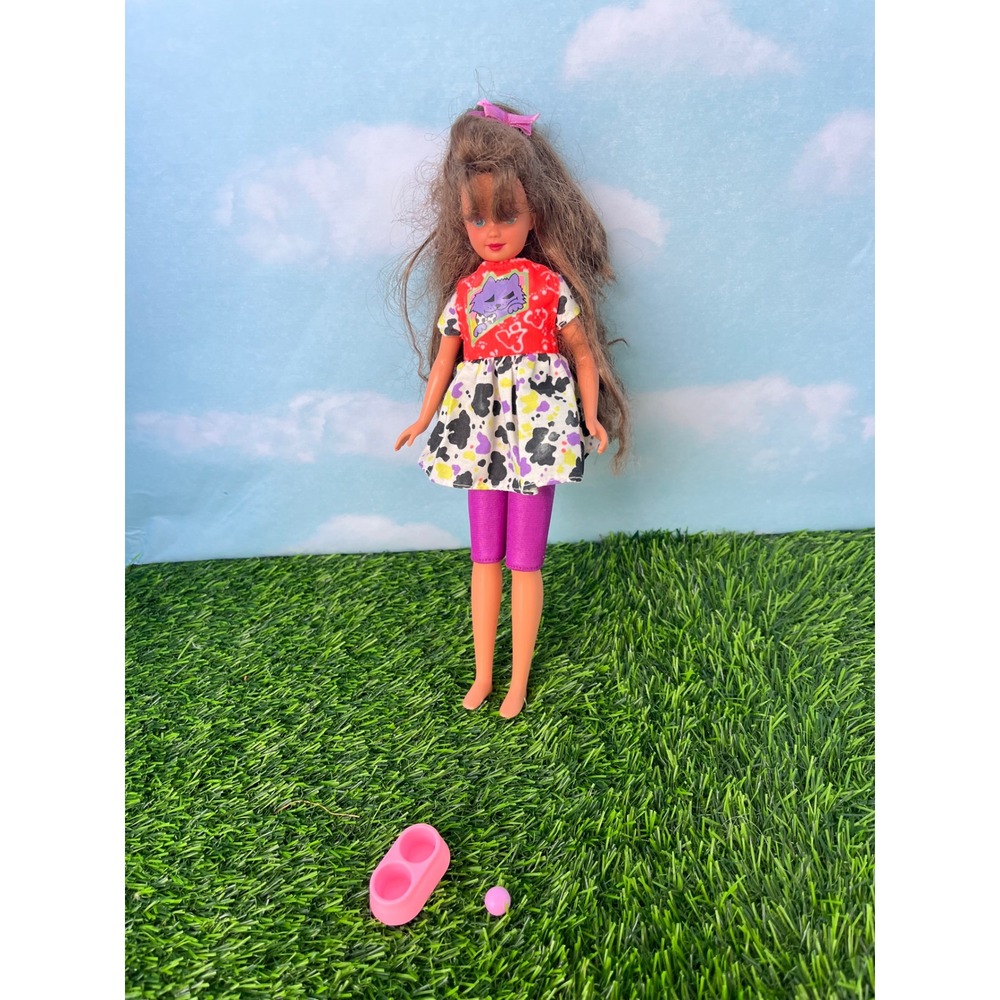 Vintage 90s Barbie Kelly Brunette Cat Print Dress Leggings Accessory